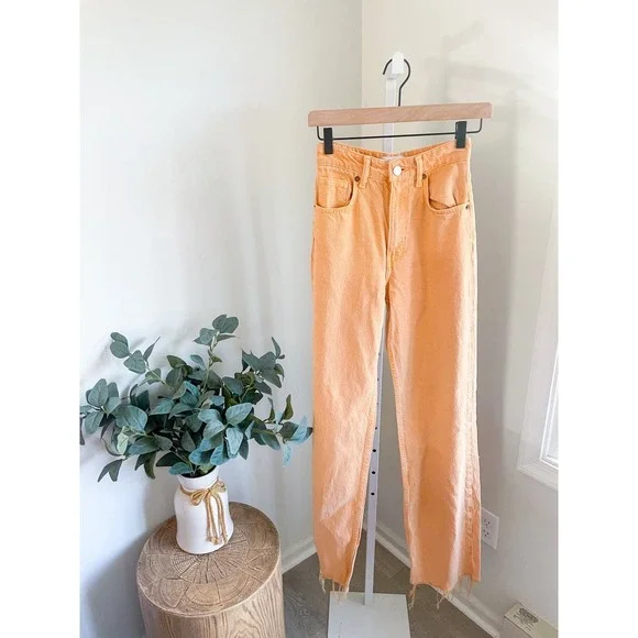 Zara High Rise Wide Leg Jeans Orange Size 2 Raw Hem Full Length - Picture 3 of 10
